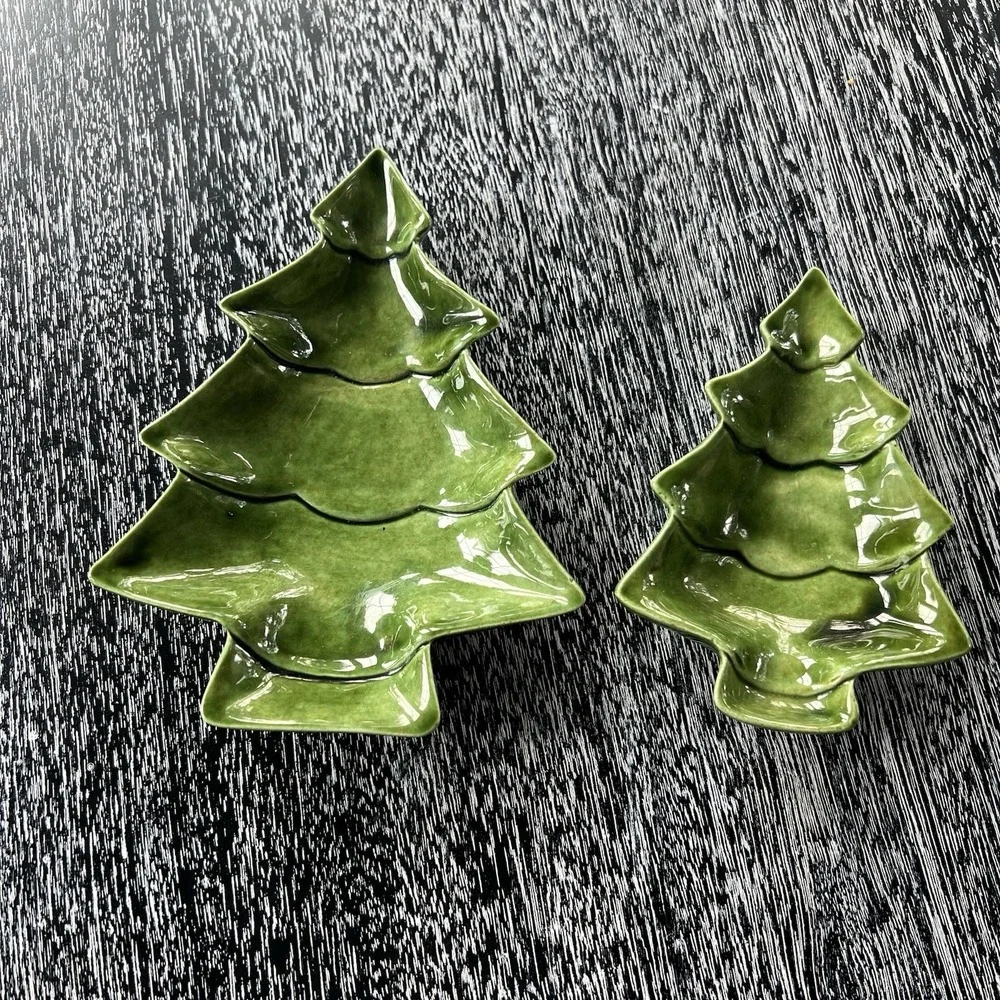 Vintage Stacking Ceramic Green‎ Christmas Tree Dishes Candy Set of 2 Signed